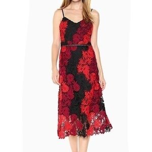 Bebe Red and Black Floral Lace Overlay Dress